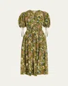 Ulla Johnson Adriana Puff-sleeve V-neck Midi Dress In Green