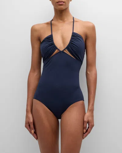 Ulla Johnson Akami Strappy Halter One-piece Swimsuit In Blue