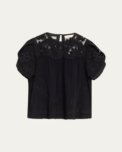 Ulla Johnson Alma Short-sleeve Lace Silk Top In Black