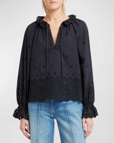 Ulla Johnson Alora Broderie Anglaise Split-neck Cotton Blouse In Black