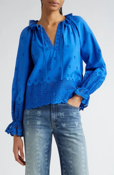 Ulla Johnson Alora Ruffle Eyelet Tie Neck Top In Blue