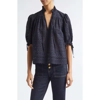 Ulla Johnson Alouette Eyelet Puff Shoulder Top In Blue