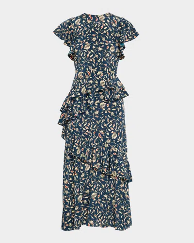 ULLA JOHNSON AMAIA CASCADING RUFFLE MIDI DRESS