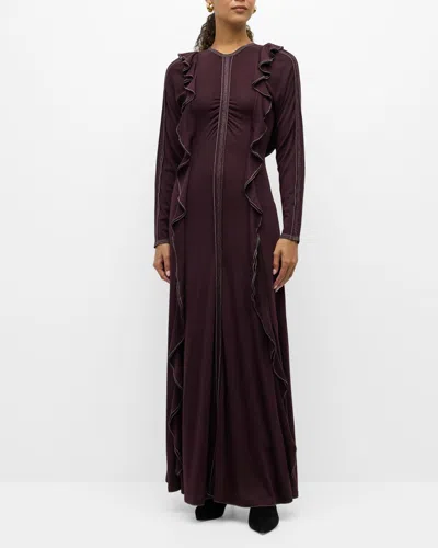 Ulla Johnson Analia Topstitched Wool Ruffle Midi Dress In Mahogany