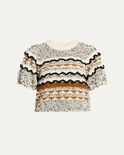 Ulla Johnson Andira Short-sleeve Textured Stripe Sweater In Brown