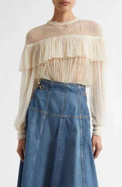 Ulla Johnson Anelise Ruffle Sheer Lace Top In Cowrie