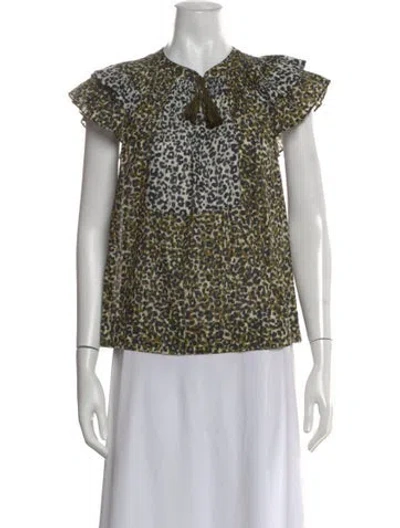 Pre-owned Ulla Johnson Animal Print Tie Neck Blouse In Green