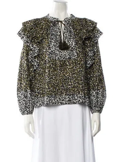 Pre-owned Ulla Johnson Animal Print Tie Neck Blouse W/ Tags In Green