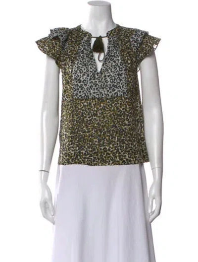 Pre-owned Ulla Johnson Animal Print V-neck Blouse In Green