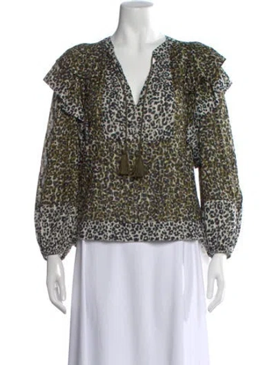 Pre-owned Ulla Johnson Animal Print V-neck Blouse In Green