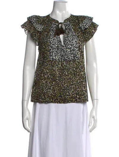 Pre-owned Ulla Johnson Animal Print V-neck Blouse In Green