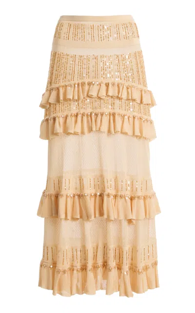 Ulla Johnson Anouk Ruffle Midi Knit Skirt In Nude
