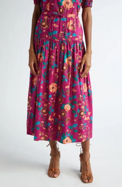 Ulla Johnson Anthia Floral Tiered Cotton Maxi Skirt In Ruby Flora