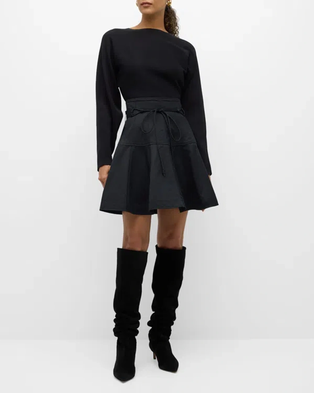 Ulla Johnson Aremi Long-sleeve Flared Combo Mini Dress In Black | ModeSens
