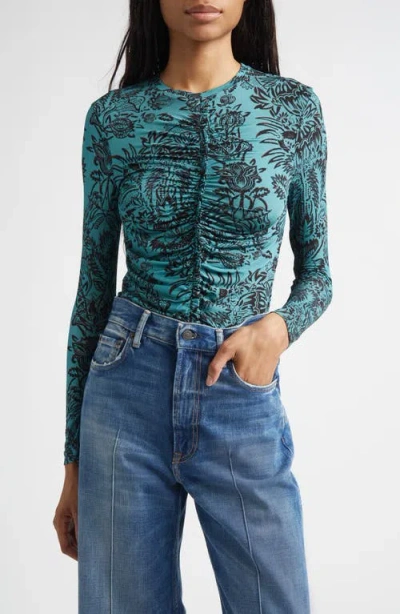 Ulla Johnson Asha Ruched Long-sleeve Top In Ocean Flora In Green