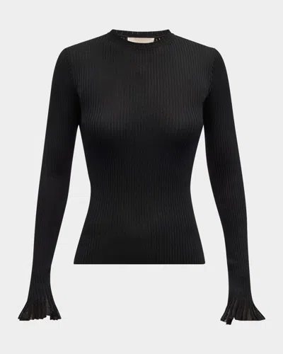 Ulla Johnson Aster Ribbed Ruffle-cuff Top In Noir