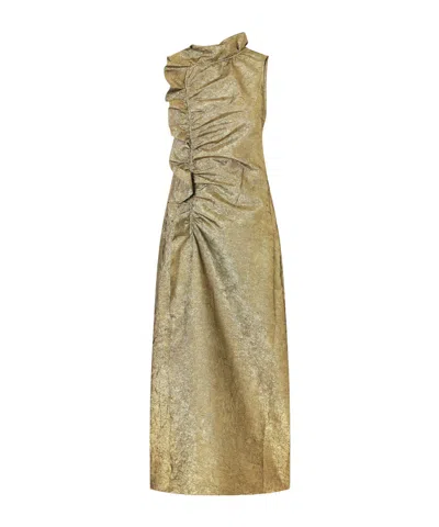 Ulla Johnson Demetria Asymmetric Ruffled Metallic Taffeta Midi Dress In Gold