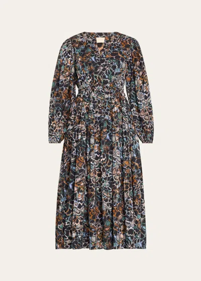 Ulla Johnson Aurelie Split-neck Multicolor Print Midi Dress