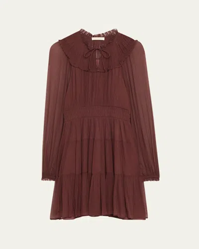 Ulla Johnson Ava Long-sleeve Tiered Silk Mini Dress In Brown