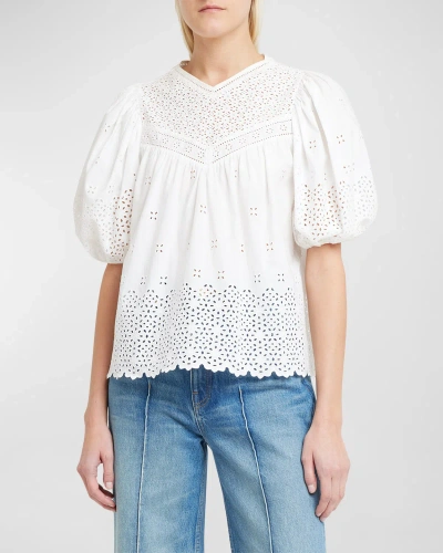 Ulla Johnson Aviana Broderie Anglaise Balloon-sleeve Top In Cowrie