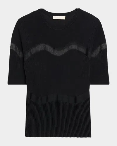 Ulla Johnson Ayla Wavy-inset Short-sleeve Rib Top In Black