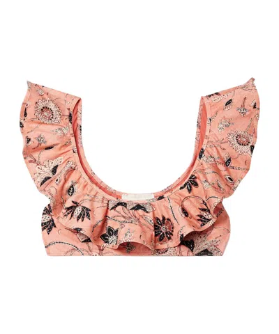Ulla Johnson Azores Ruffle Print Bikini Top In Brown