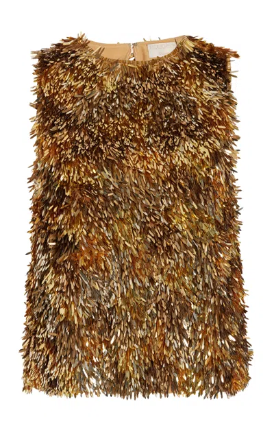 Ulla Johnson Beatriz Beaded Feather Paillette Embroidered Silk Top In Metallic