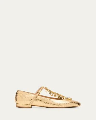 Ulla Johnson Bianca Snakeskin-embossed Metallic Leather Ballet Flats With Crystal T-strap In Gold