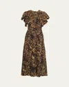 Ulla Johnson Blithe Flutter Ruffled Printed Crepe Midi Dress In Brown