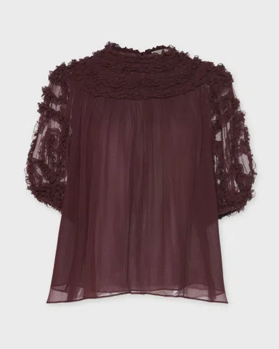 Ulla Johnson Blouse Isolda Silk Smocked Short Sleeve In Burgundy