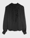 Ulla Johnson Blus Rouen Silk Ruffle Front Long Sleeve Noir In Black