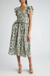 ULLA JOHNSON BRIELLE FLUTTER SLEEVE SILK MIDI DRESS