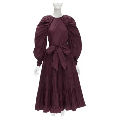 Pre-owned Ulla Johnson Burgundy Cotton Bow Belt Balloon Sleeves Flared Midi Dress Us2 Xs In Red