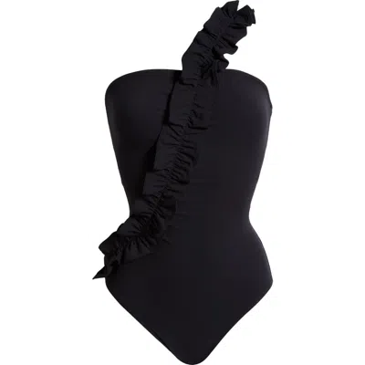 Ulla Johnson Capri Ruffle One-shoulder Swimsuit In Noir
