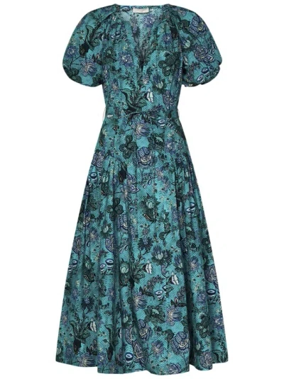 Ulla Johnson Carina Jade-colored Cotton Poplin Midi Dress In Blue