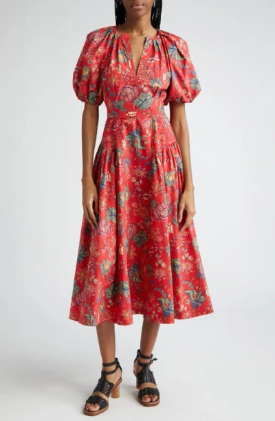 Ulla Johnson Carina Floral Cotton Poplin Puff-sleeve Midi Dress In Hibiscus