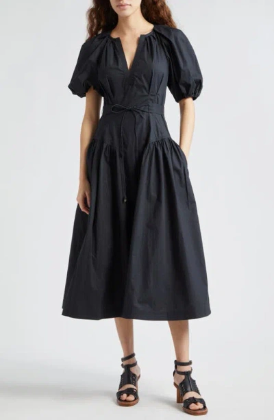 Ulla Johnson Imani Cotton Midi Dress In Noir | ModeSens