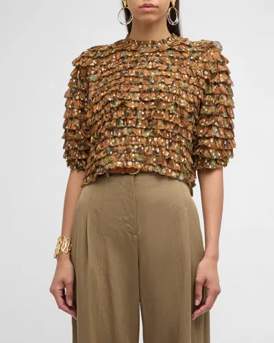 Ulla Johnson Carmella Tiered Ruffle Silk-blend Blouse In Tigers Eye