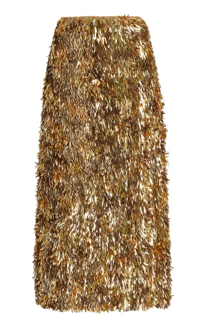 Ulla Johnson Casini Feather Paillette Embroidered Silk Midi Skirt In Gilt