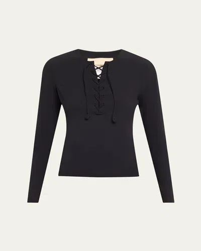 Ulla Johnson Cassia Lace-up Rashguard Swim Top In Noir