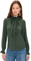 Ulla Johnson Catroux Silk Long Sleeve Button Front Blouse Cypress In Green