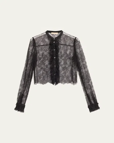 Ulla Johnson Cecile Ruffle-trim Floral Lace Blouse In Noir