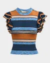 Ulla Johnson Cecile Striped Ruffle Rib Knit Top In Adriatic