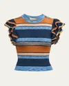 Ulla Johnson Cecile Striped Ruffle Rib Knit Top In Adriatic