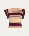 Ulla Johnson Cecile Striped Ruffle Rib Knit Top In Sundown
