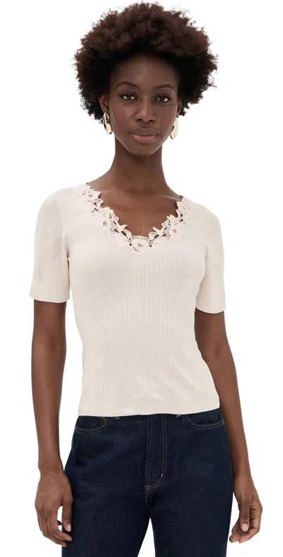 Ulla Johnson Celeste Short Sleeve Knit Top With Lace Pearled Ivory In White