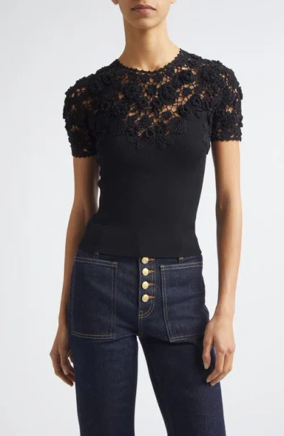 Ulla Johnson Clelia Rib Knit Crochet Top In Black