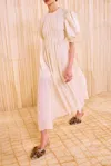 Ulla Johnson Collage Short Sleeve Midi Dress In Pearl In Pink