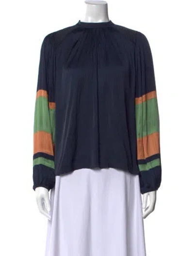 Pre-owned Ulla Johnson Colorblock Pattern Mock Neck Blouse In Blue
