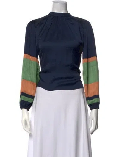 Pre-owned Ulla Johnson Colorblock Pattern Mock Neck Blouse In Blue
